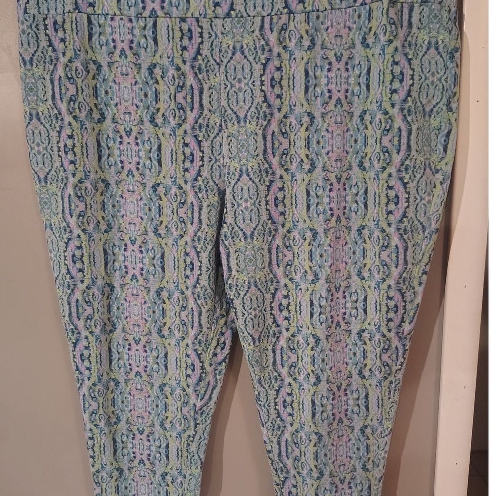 Terra & Sky Women 3X 24W-26W Blue Green Ikat Print Pull On Tapered Pants